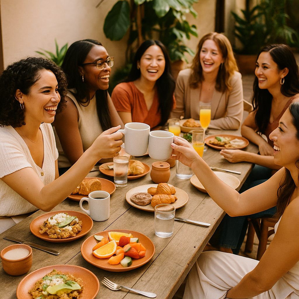 A diverse group of six women sitting around a dining table, smiling, holding coffee mugs, with breakfast foods and drinks, celebrating together.