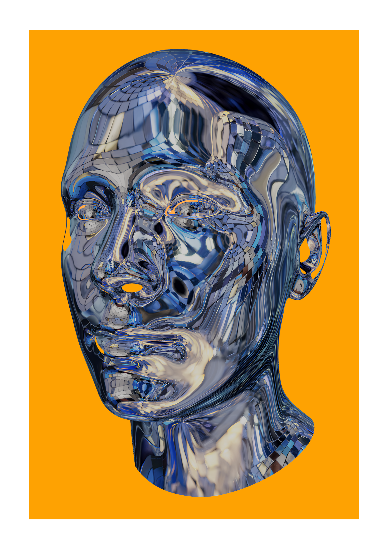 Art print of a male head made out of blue disco ball pieces on an orange background.