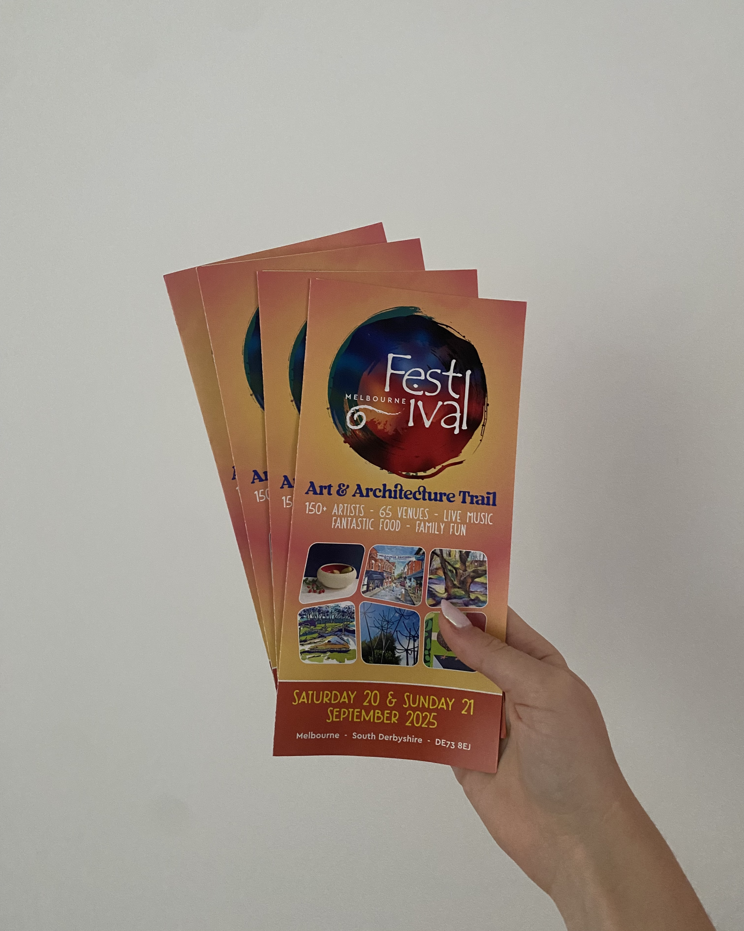 Four colourful flyers for a Melbourne Festival, held in Melbourne, South Derbyshire on September 20-21, 2025.