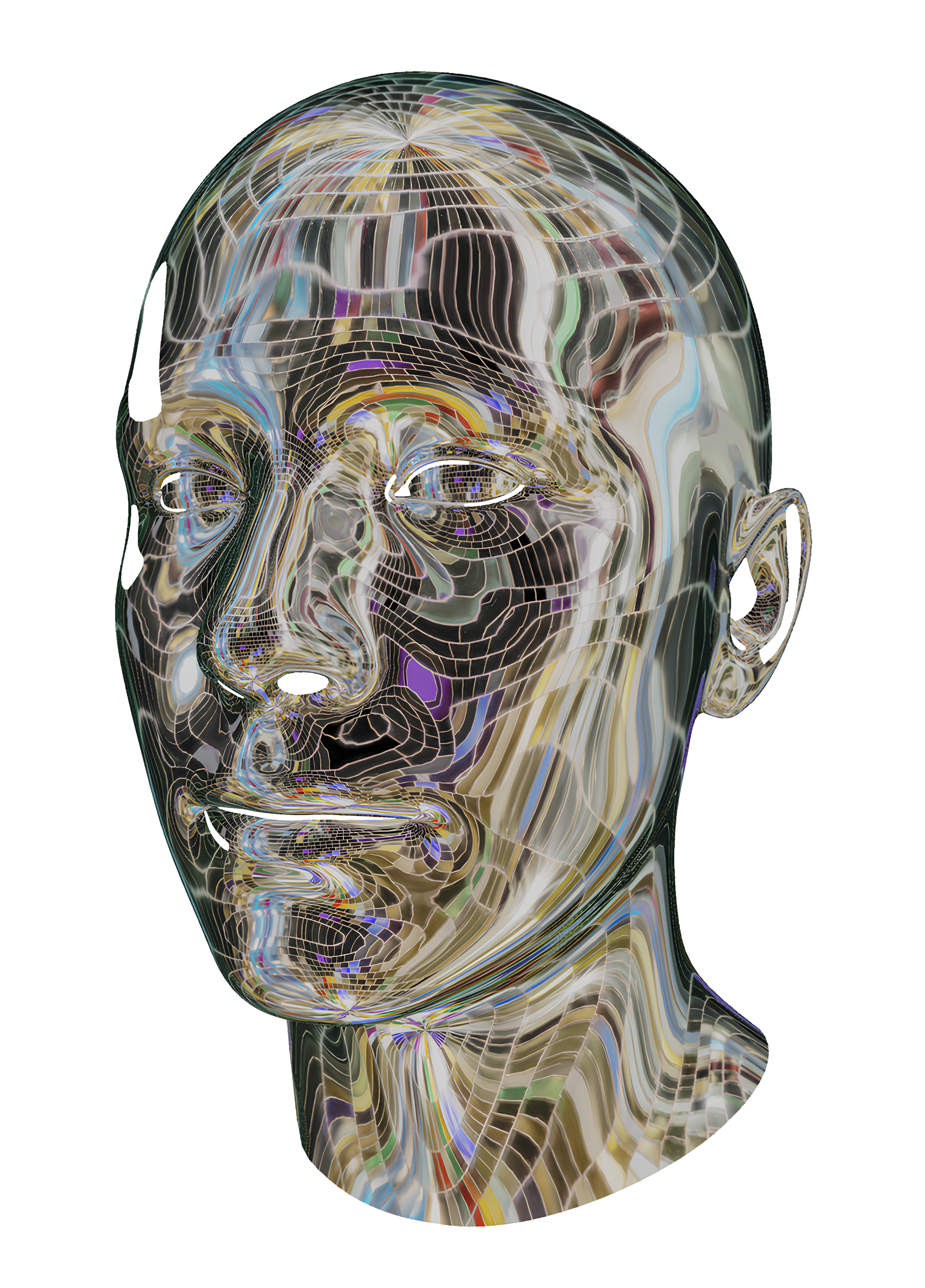 Art print of a male head made out of silver disco ball pieces on a white background.