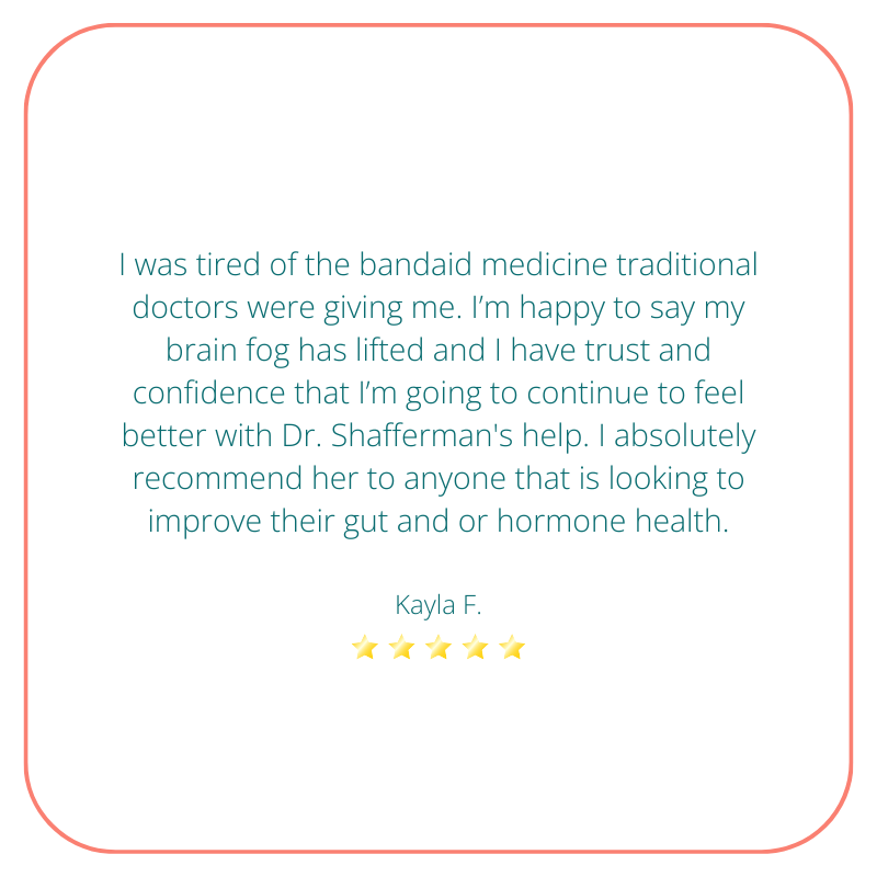 Customer review about Dr. Shafferman praising her for improving gut and hormone health, with five gold star icons.