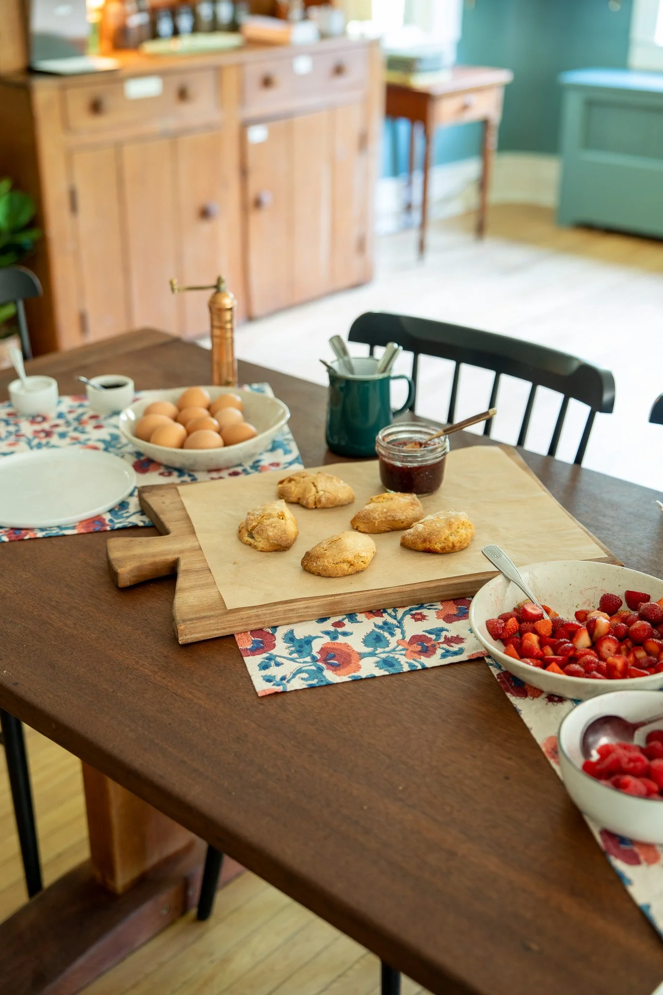 complementary European-style breakfast spread each morning on the long farm table in the parlor. local eggs, yogurt, and berries. handmade scones and granola. 