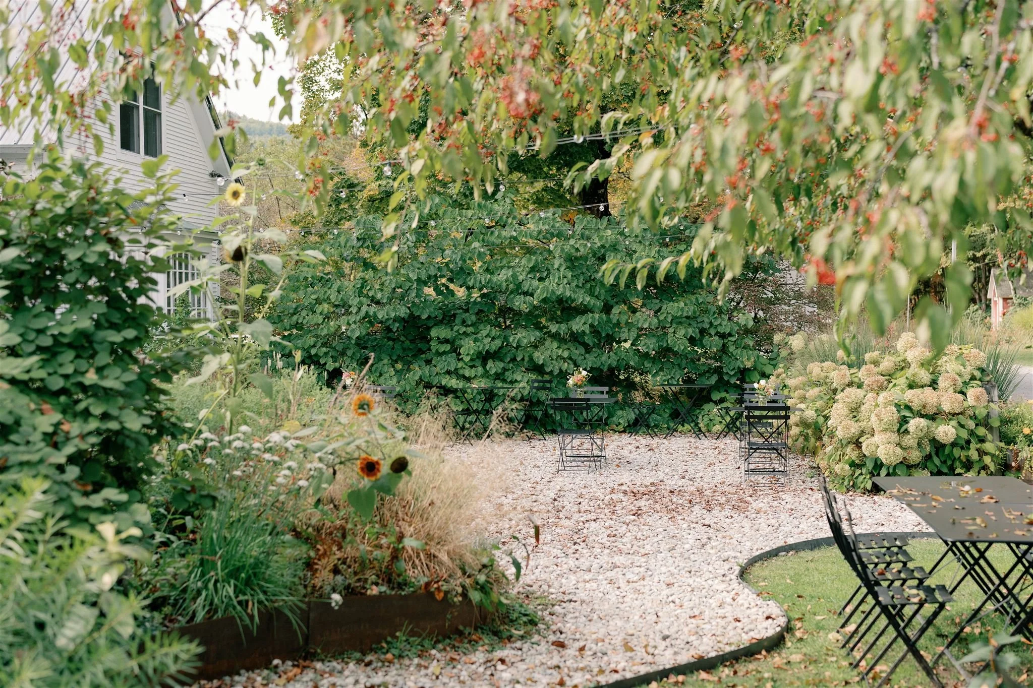 The Tillerman patio, lush greenery and flowers all around.
