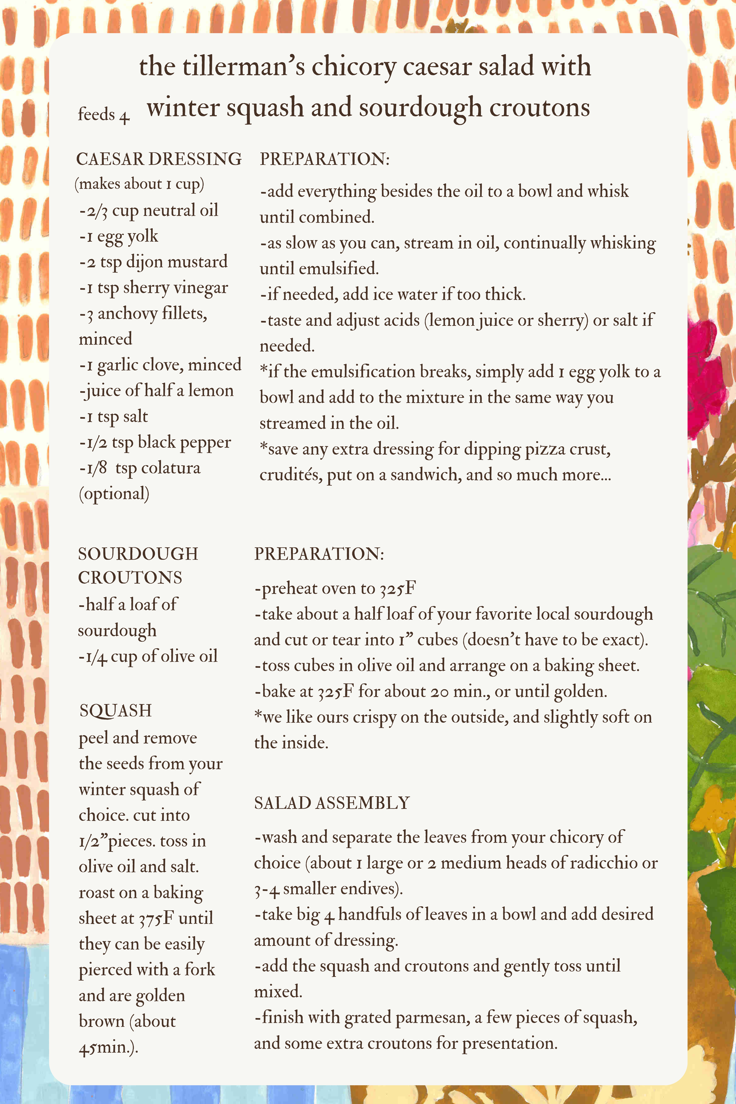 recipe for chicory caesar salad with winter squash and sourdough croutons