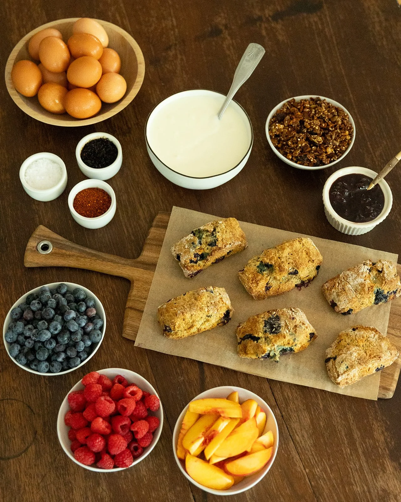 complimentary breakfast with homemade scones, seasonal fruit, yogurt, and local eggs. 