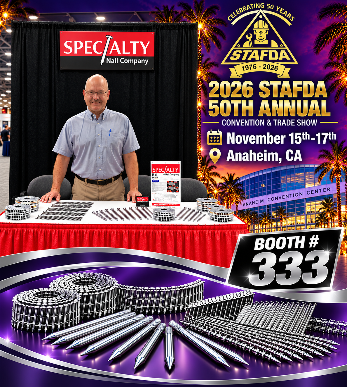 A man standing behind a display table with metal fasteners and tools at the 2026 STA FDA 50th Annual Convention and Trade Show in Anaheim, California, with banners and event information in the background.