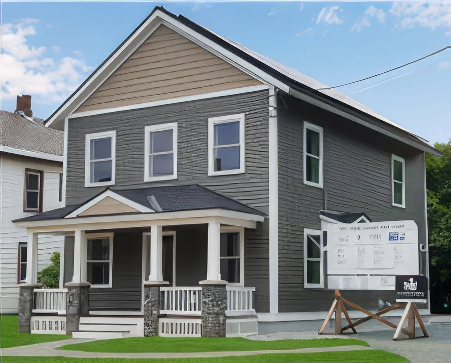 Two-story house with dark gray and beige siding, white trim, and a covered porch supported by four white columns.