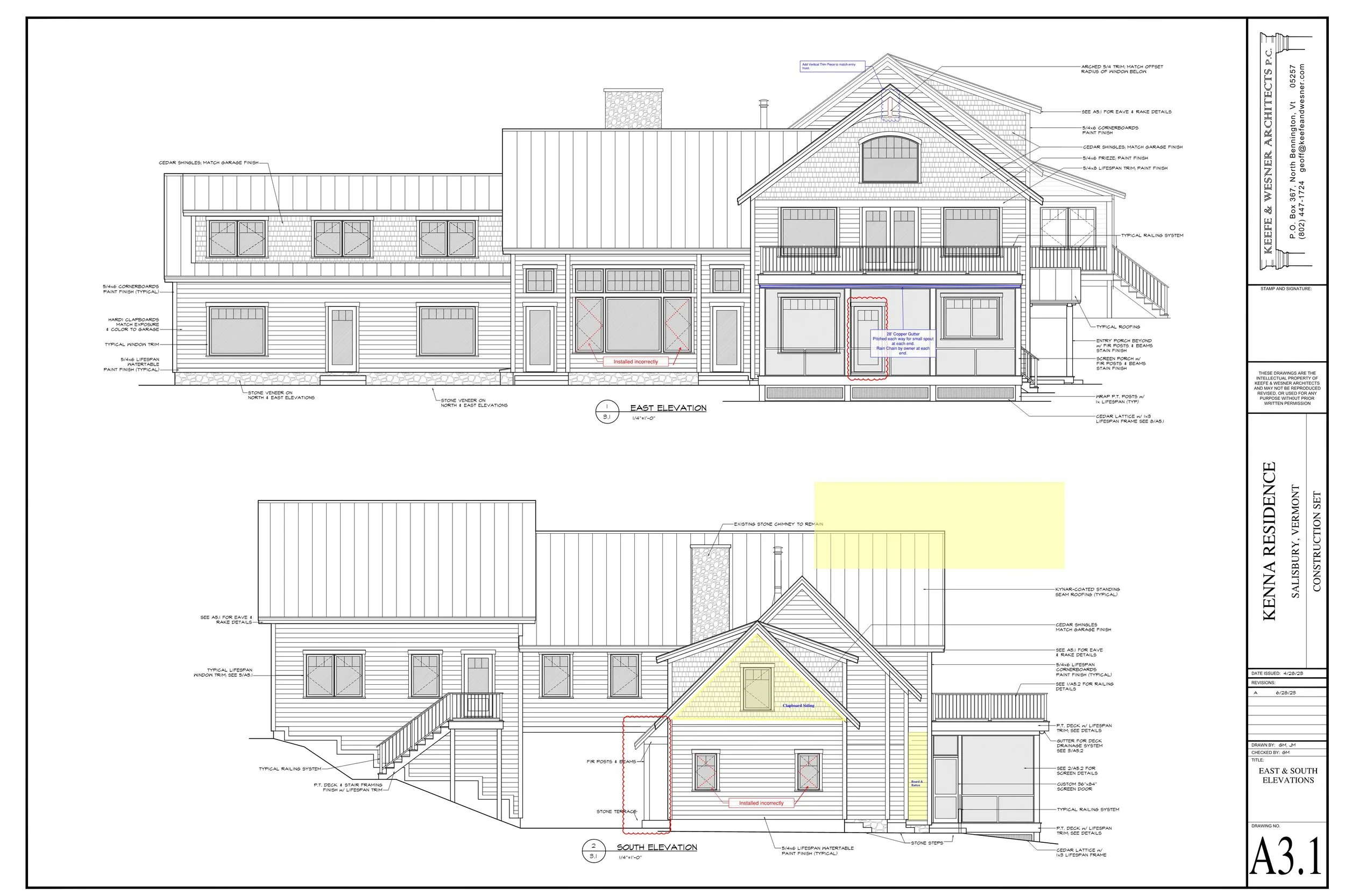 Architectural blueprint of a residence, showing east and south elevations with detailed notes on materials, roof styles, and construction features.