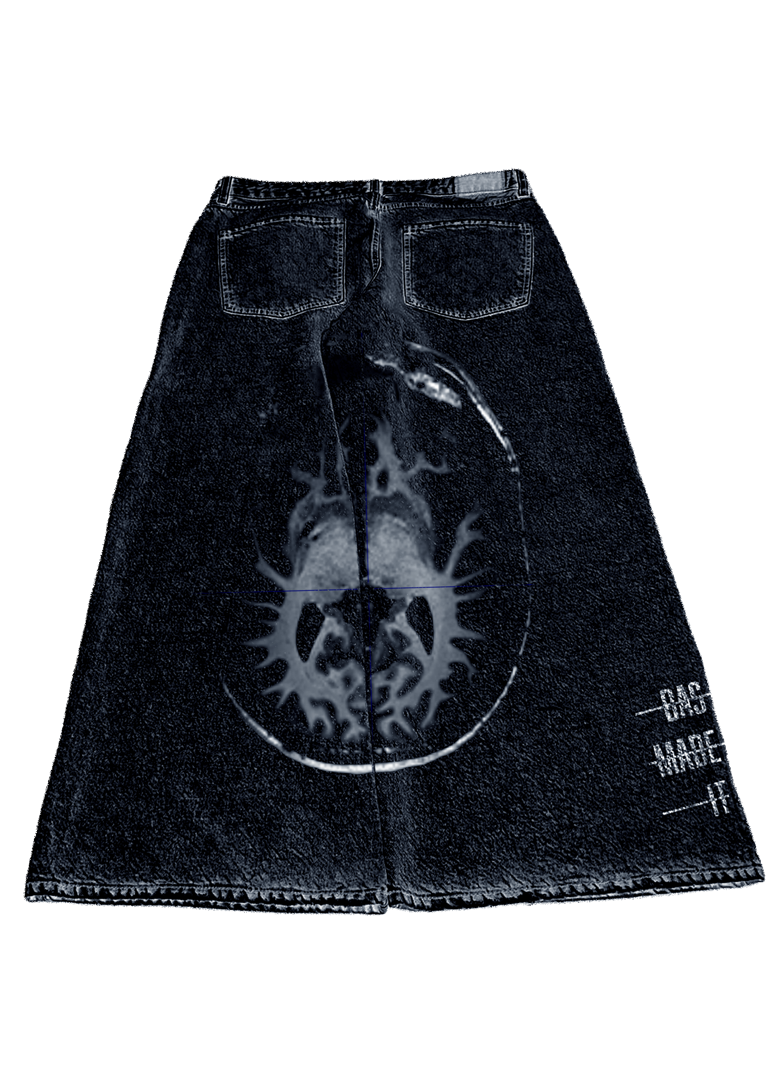 Black denim skirt with a large graphic of a stylized skeletal deer head and the text 'BIG', 'HARDER', and 'IT' printed on the bottom right.