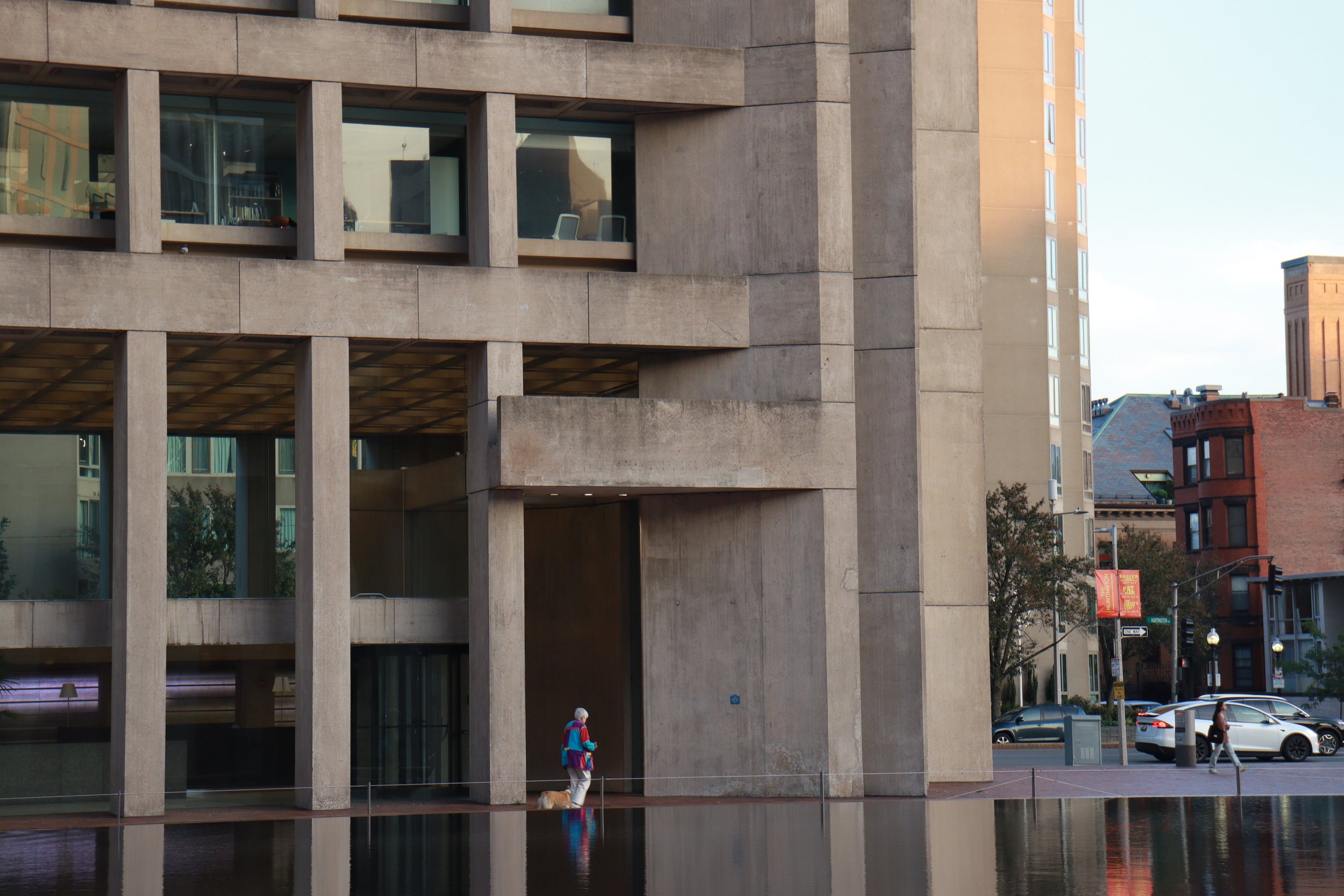 A person walking a dog along a city street in front of a large concrete building with multiple levels and windows, with other buildings and cars in the background.