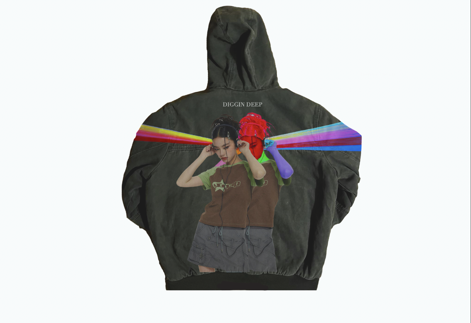 A black hoodie featuring an artwork of a woman listening to music with colorful laser beams emitting from her ears, and the phrase "DIGGIN DEEP" above.