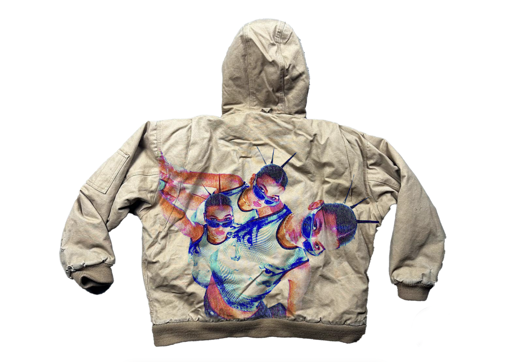A beige jacket with a colorful graphic print of three women wearing sunglasses and futuristic accessories on the back.