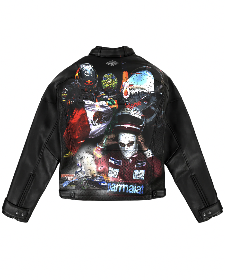 Black leather jacket with a colorful racing-themed graphic, including race cars, a driver with a helmet, and a person wearing a skull mask and racing suit.
