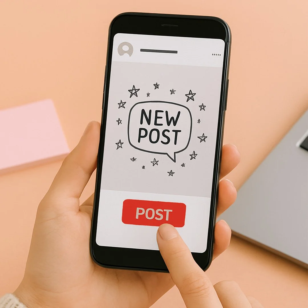 Person holding a smartphone showing a 'New Post' notification on a social media app, with a large red 'Post' button on the screen.