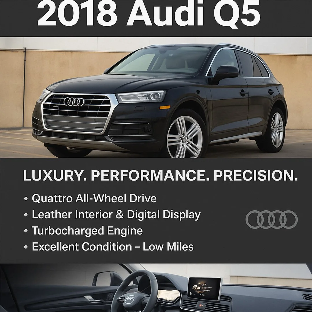 Poster advertising a 2018 black Audi Q5 SUV, highlighting luxury, performance, and precision with features such as Quattro all-wheel drive, leather interior, digital display, turbocharged engine, and low mileage.