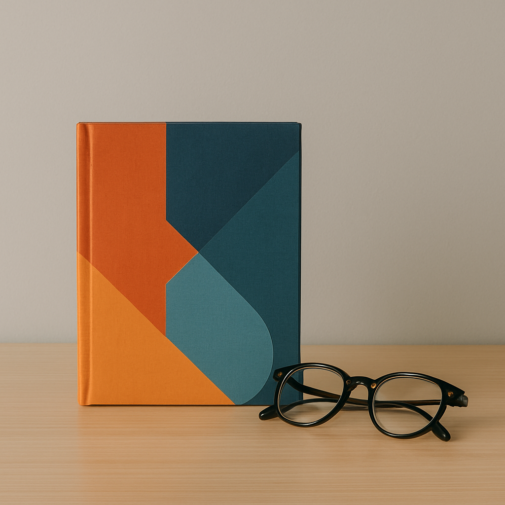 A colorful geometric-patterned book standing on a wooden surface with a pair of black eyeglasses placed in front of it. The background is a plain light-colored wall.