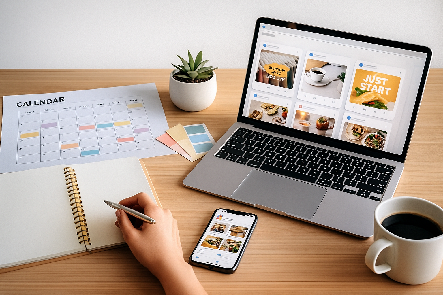 A workspace with a laptop, a smartphone displaying a social media feed, a calendar, a potted cactus, a coffee mug, and color swatches on a wooden desk.