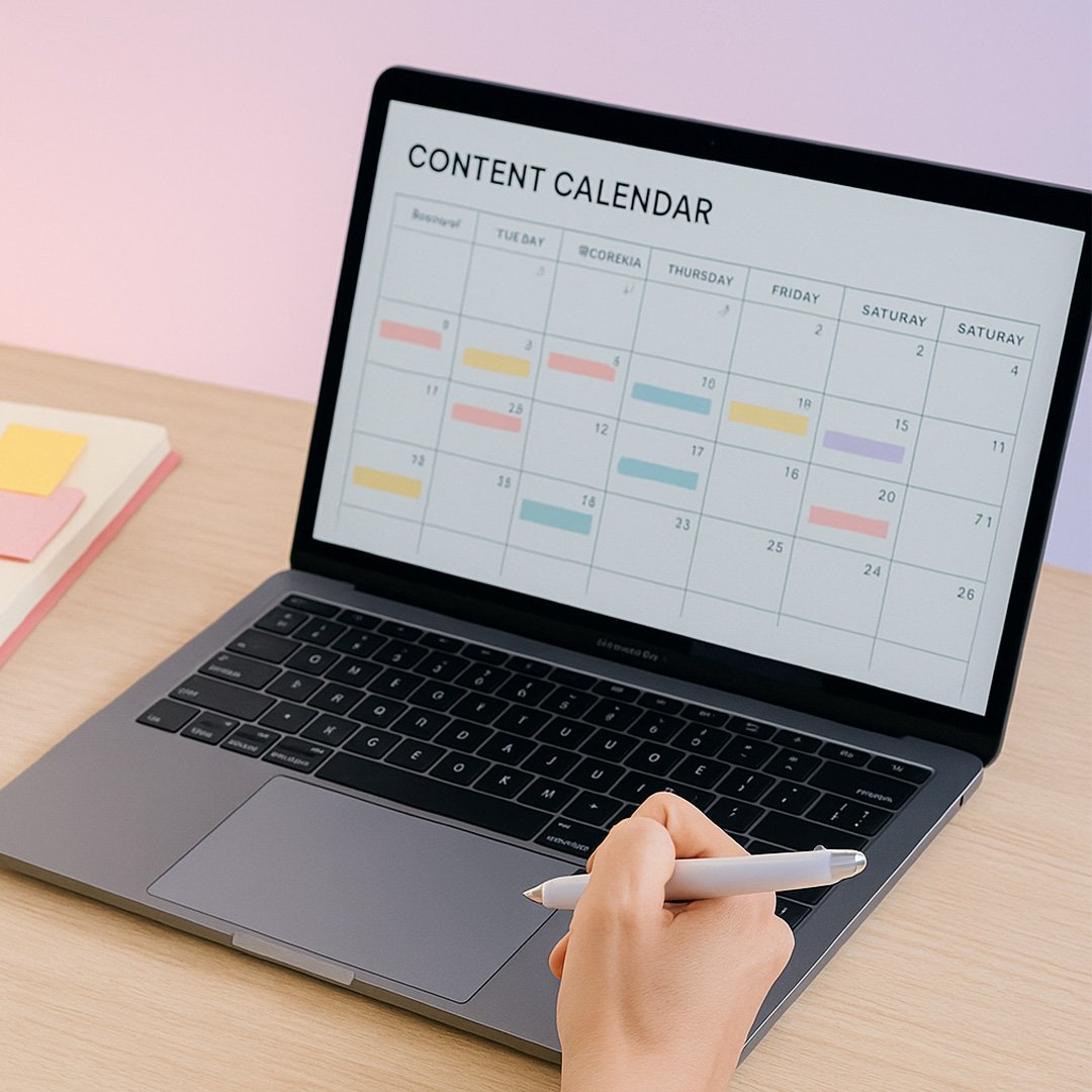 Laptop on a wooden desk displaying a colorful content calendar with scheduled events marked in various colors.