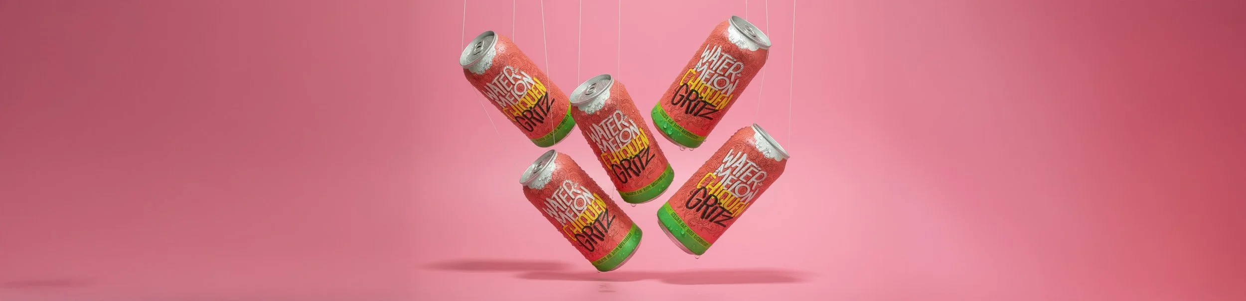 Five cans of watermelon flavored sparkling water called Watermelon Grizz, floating against a pink background.