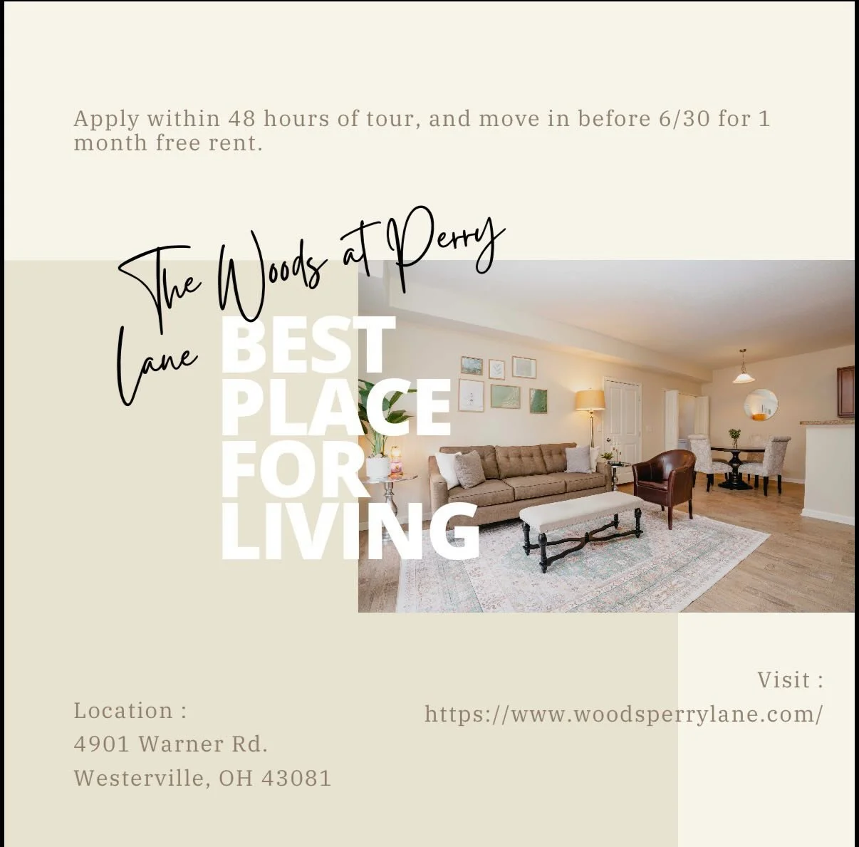 Hello Future Resident! 😊
Now is the perfect time to make your move! We&rsquo;re excited to announce our newest limited-time special:
✨ Apply within 48 hours of your tour
✨ Move in before 6/30
✨ Receive ONE MONTH FREE RENT! 🎉
This is the perfect opp