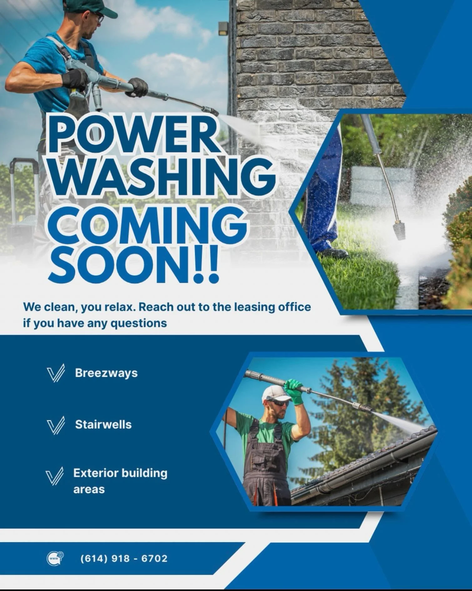 🚿✨ Fresh vibes are on the way! We&rsquo;ll be starting power washing throughout the community soon to keep our buildings looking clean, bright, and beautiful for everyone to enjoy! 💦🏡
Please be sure to remove any personal items from breezeways, pa