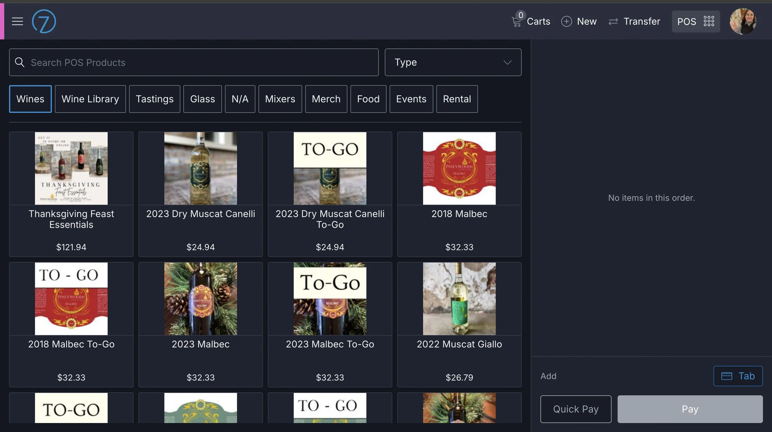 snapshot of populated POS for Winery