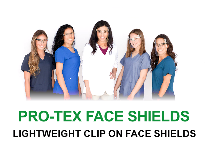 A group of five women wearing protective face shields and scrubs, standing together against a white background with text promoting Pro-Tex face shields and lightweight clips.