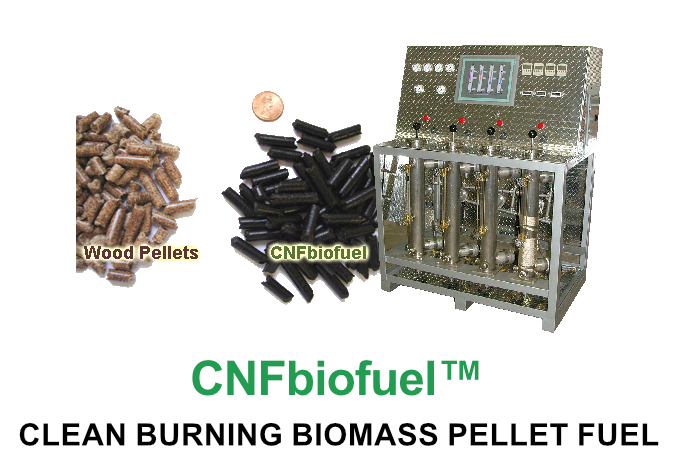 Image of wood pellets, black CNF biofuel pellets, and a biofuel combustion machine with the text "CNF biofuel" and "CLEAN BURNING BIOMASS PELLET FUEL".