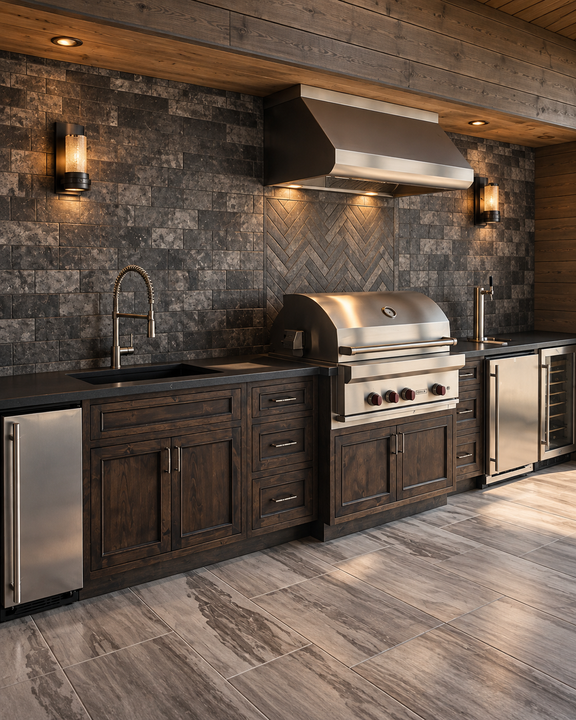 Custom lakefront outdoor kitchen with built-in grill, sink, cabinetry, and beverage refrigerator
