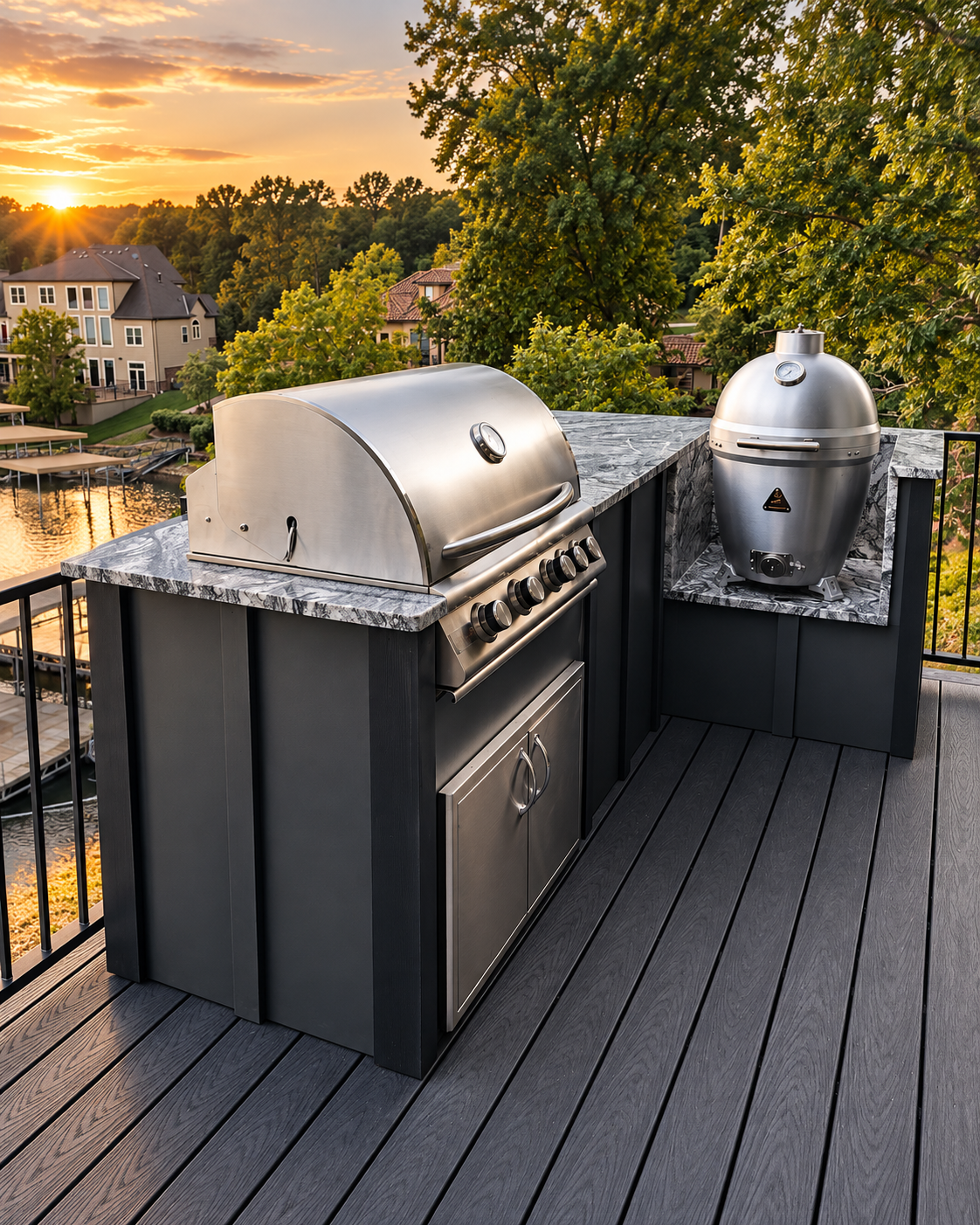 Built-in outdoor grill station on a lakefront dock with custom cabinetry and countertop