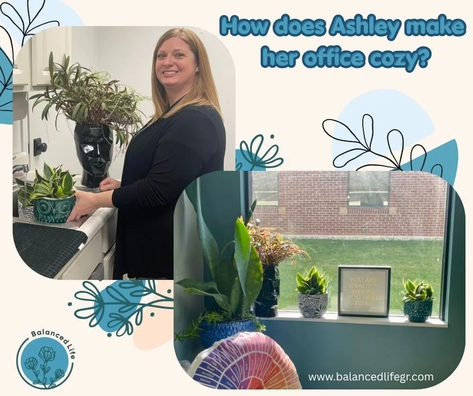 We do not do clinical and sterile  offices at Balanced Life! 
We do cozy, comfy, and human!📣✌

Let's take a peek into Ashley's, very cozy, office filled with greenery! 🌿🌱

If you cannot find Ashley in her office she is probably taking her plants o