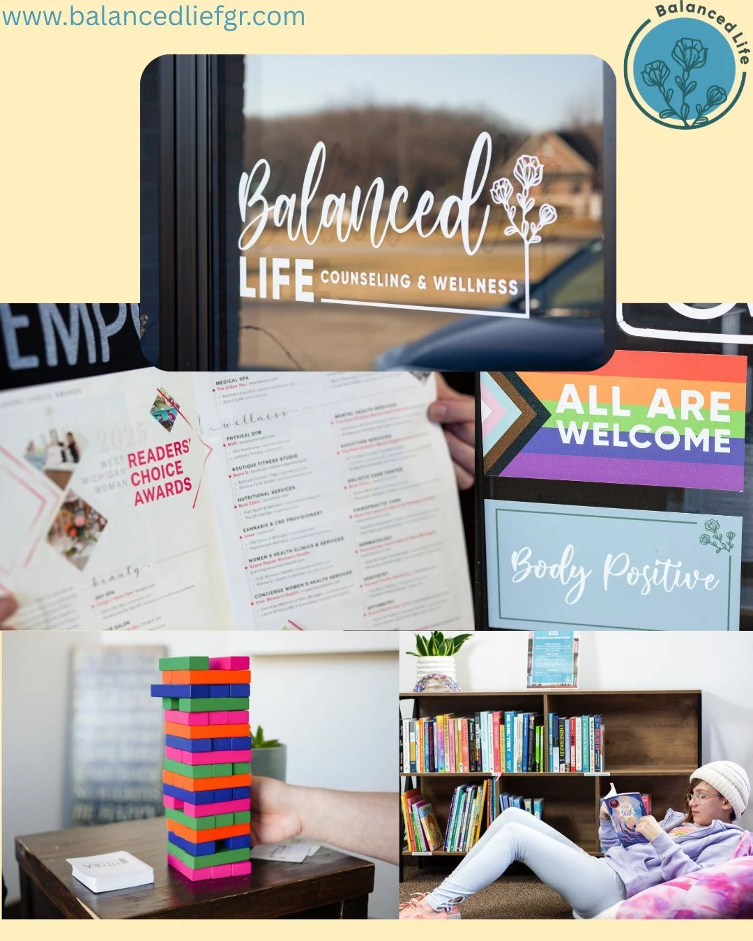 Words cannot always express who we are, so maybe a picture collage can help! 👏

Balanced Life Counseling and Wellness: therapy for the community by the community 🔆

Connection, resilience, human, and empowerment are just some of the values we follo
