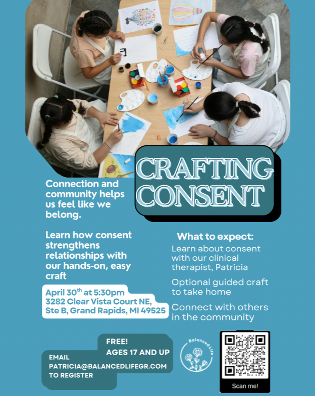 Consent Workshop flier with information about free consent workshop at Balanced Life Counseling and Wellness