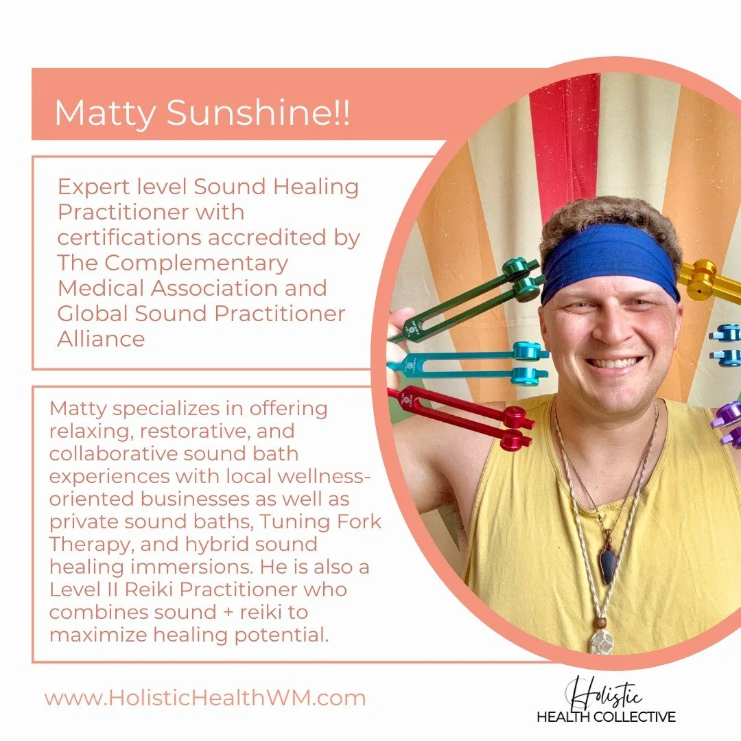 Meet Matty Sunshine ☀️
Rockford-based expert Sound Healing Practitioner ✨
Certified by The Complementary Medical Association + Global Sound Practitioner Alliance.

Matty&rsquo;s mission: to share the power of sound, vibration, and frequency so you ca