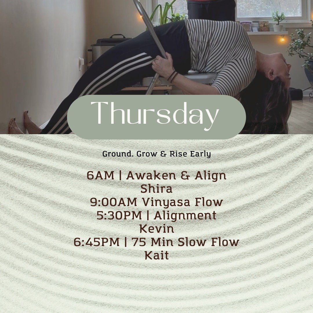 Thursday &ndash; Ground, Grow &amp; Rise Early

Meet yourself early, or meet yourself later&mdash;just show up.

6AM Awaken &amp; Align with Shira to start the day strong.
9AM Vinyasa Flow to build heat and momentum.
5:30PM Alignment with Kevin for p