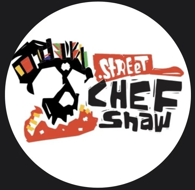 Logo for Street Chef Show featuring a stylized black and white skull and a colorful stack of books or food items, with red and black text.
