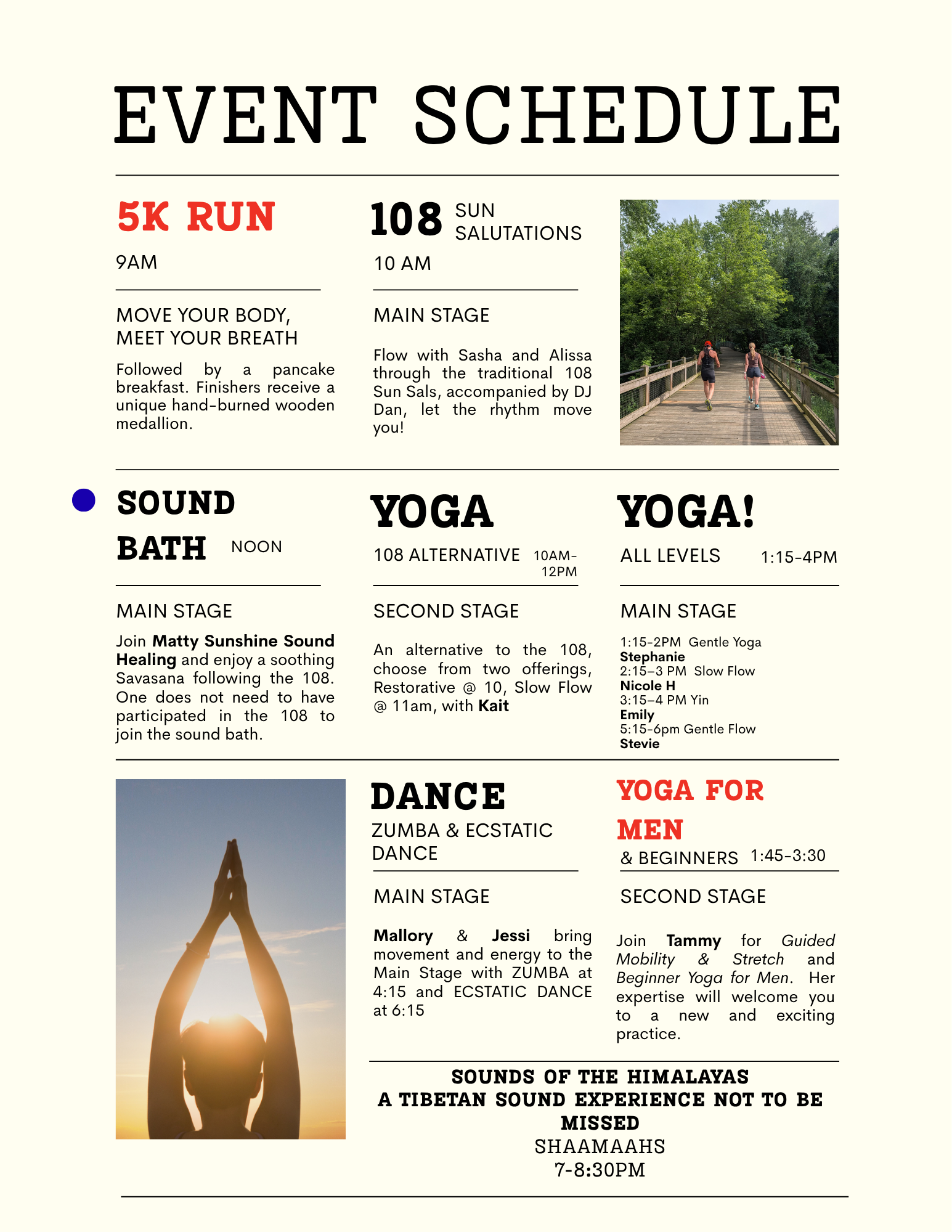 Event schedule with various fitness classes, including a 5K run, Sun Salutations, sound bath, yoga, dance, and Tibetan sound experience, featuring a photo of a person doing yoga during sunset.