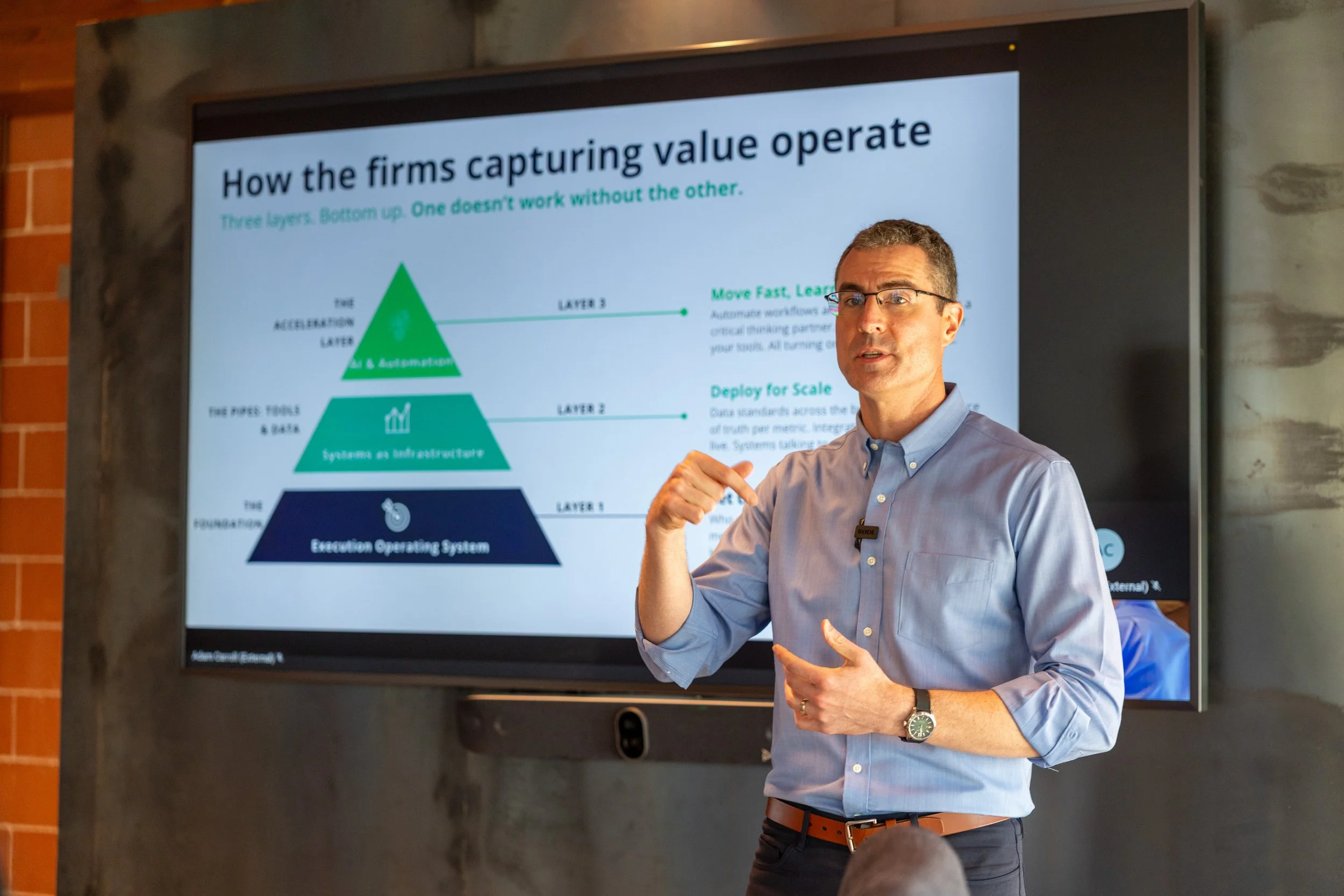 Adam Carroll leading an AI operations working session for a privately-held firm in San Antonio.