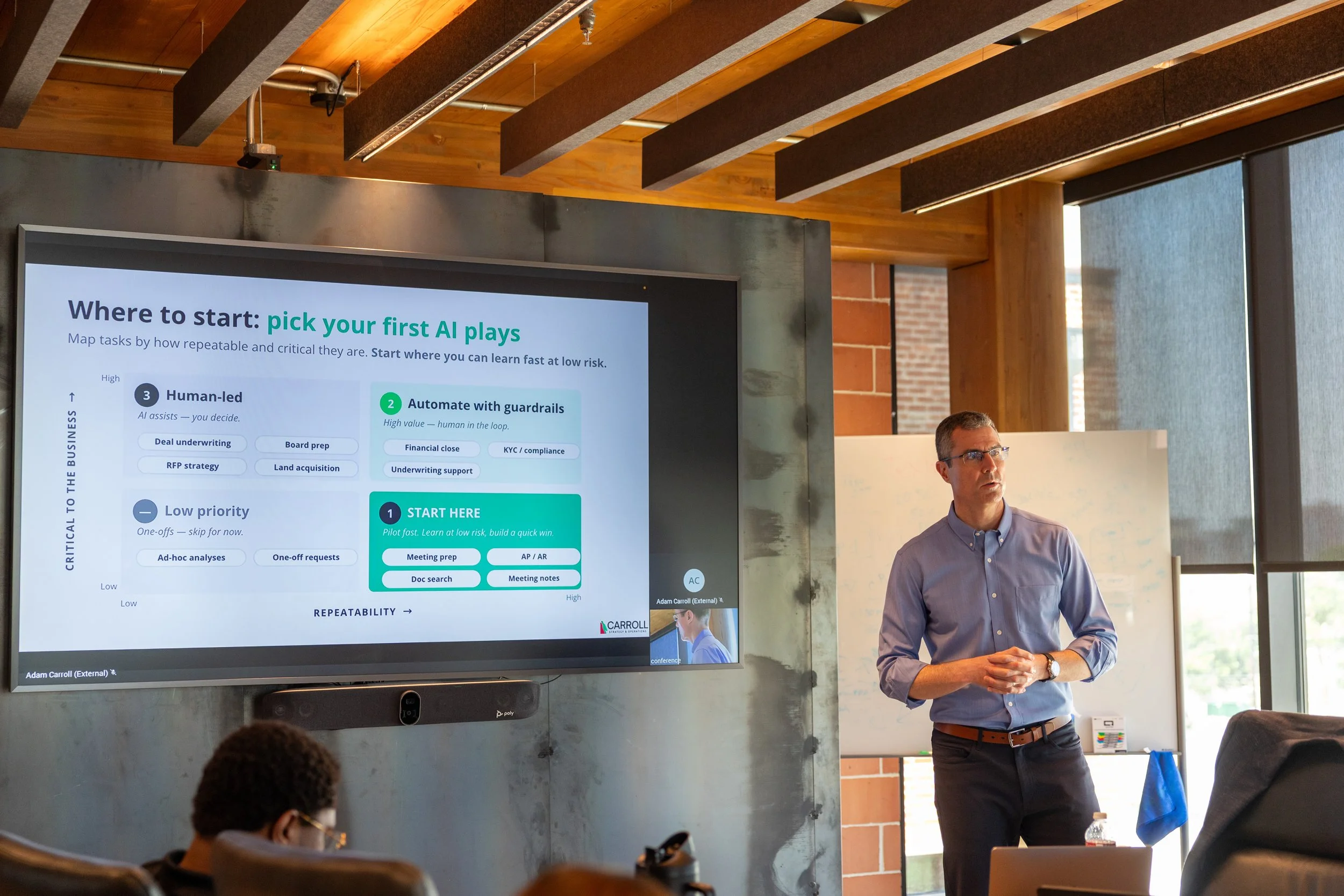 Adam Carroll leading an AI operations working session for a privately-held firm in San Antonio.