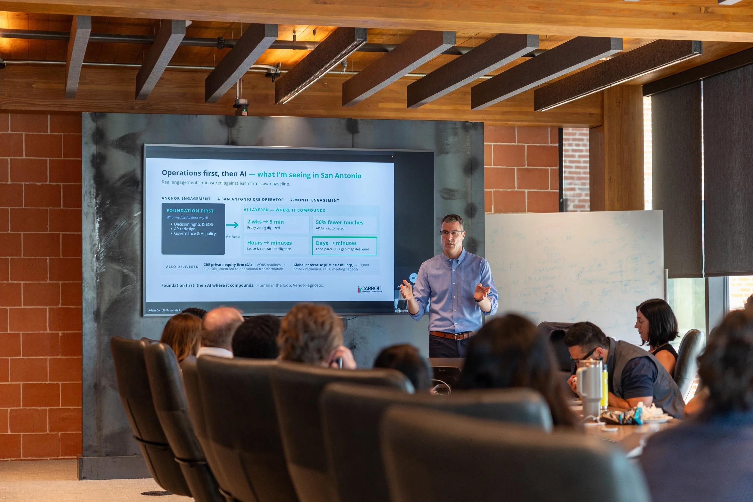 Adam Carroll presenting an operations-first AI framework to executives at a San Antonio working session..