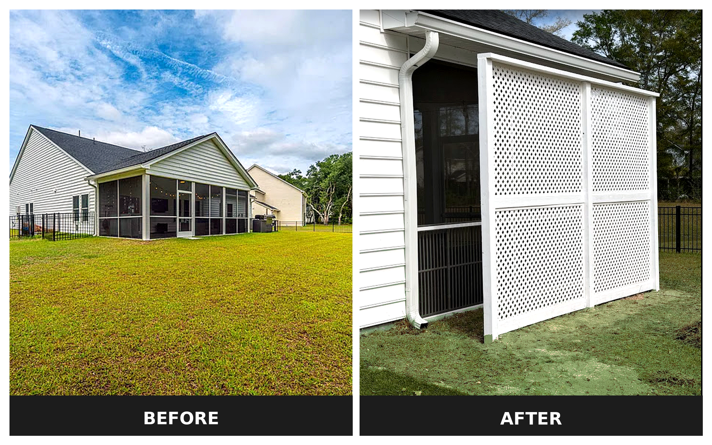 Custom-built trellis designed to provide privacy, sun protection, and support for climbing plants.