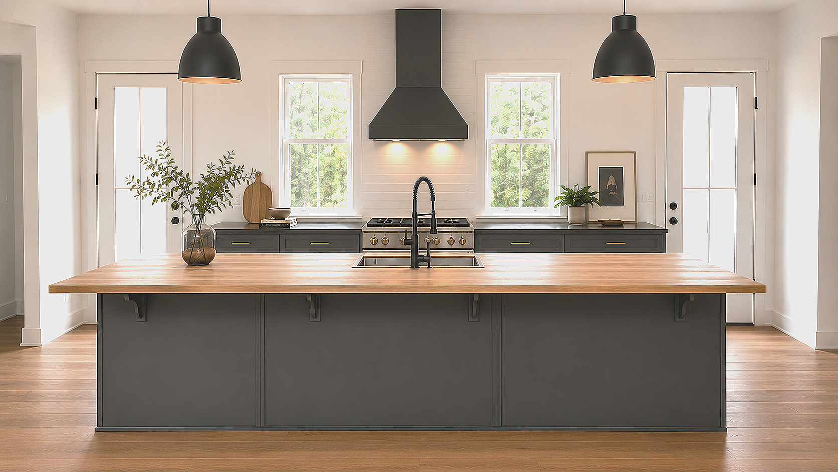 This custom kitchen project was completed in partnership with a designer to bring the client’s vision to life. We handled the construction and installation details, including the custom island, cabinetry, wood countertop, flooring, and finish work ne