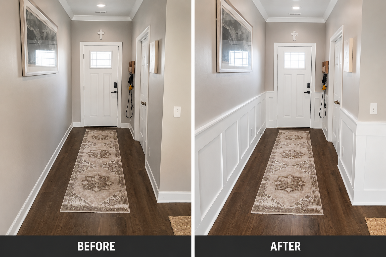 A simple hallway became a more refined entry space with the addition of custom white wainscoting. The new trim detail adds structure, contrast, and timeless character while giving the home a brighter, more finished feel.