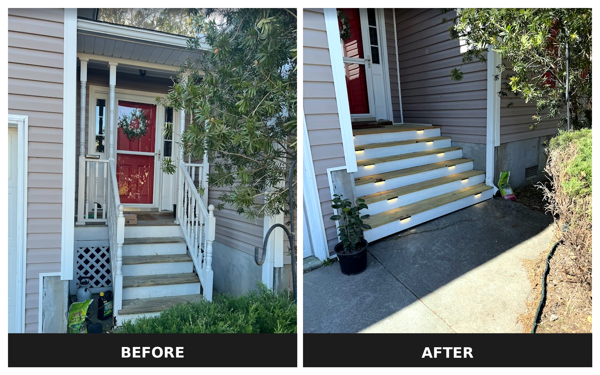For this project, we refreshed the existing exterior stairs with updated finishes, clean white risers, natural wood-tone treads, and built-in step lighting. The result is a brighter, more finished entryway that improves curb appeal while adding pract