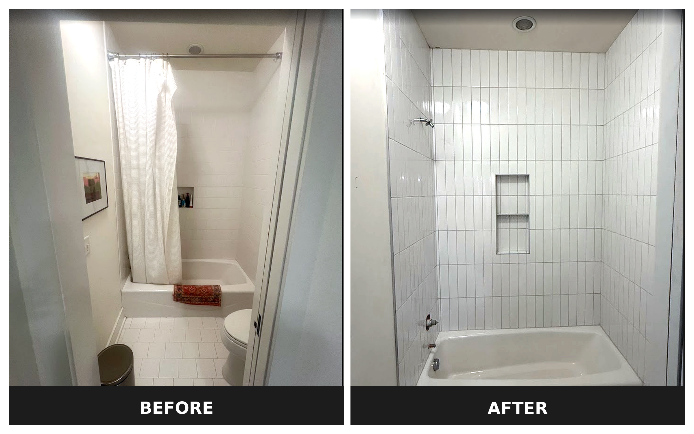 A basic shower and tub area was refreshed with vertical tile to create a cleaner, brighter, and more elevated look. The updated tile layout gives the bathroom a more modern feel while adding subtle texture and a polished finish to the space.