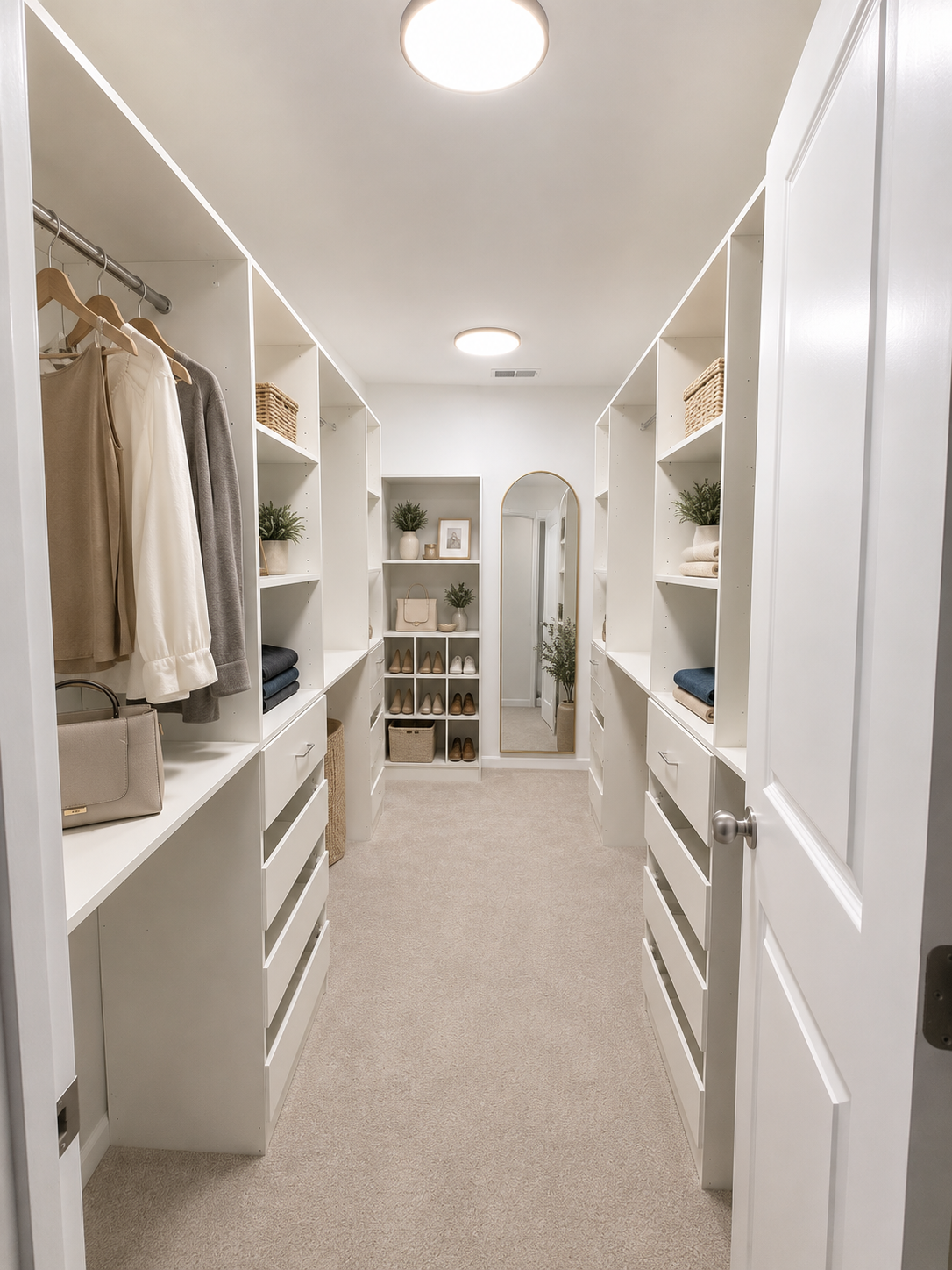 A basic walk-in closet became a bright, organized dressing space with custom built-ins, clean shelving, drawer storage, and thoughtful styling details. The finished design maximizes storage.