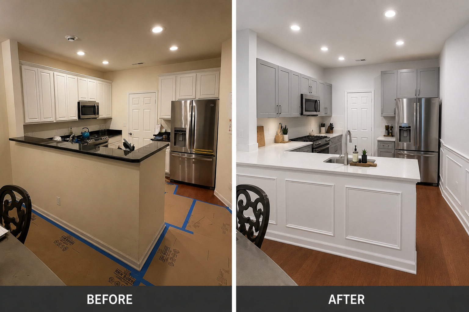 This kitchen transformation updated the space from dark counters, older cabinet finishes, and a raised half-wall layout into a brighter, more modern kitchen. The finished design features updated gray cabinetry throughout, a flat white countertop surf