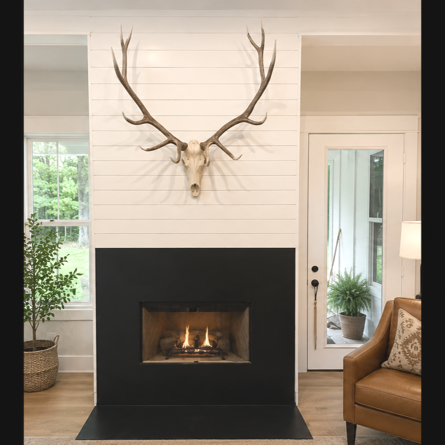 Living room with a white shiplap wall, a mounted deer skull with large antlers above a modern black fireplace, a window with greenery outside to the left, a door with a potted plant to the right, a brown armchair with a decorative pillow, and a potted plant.