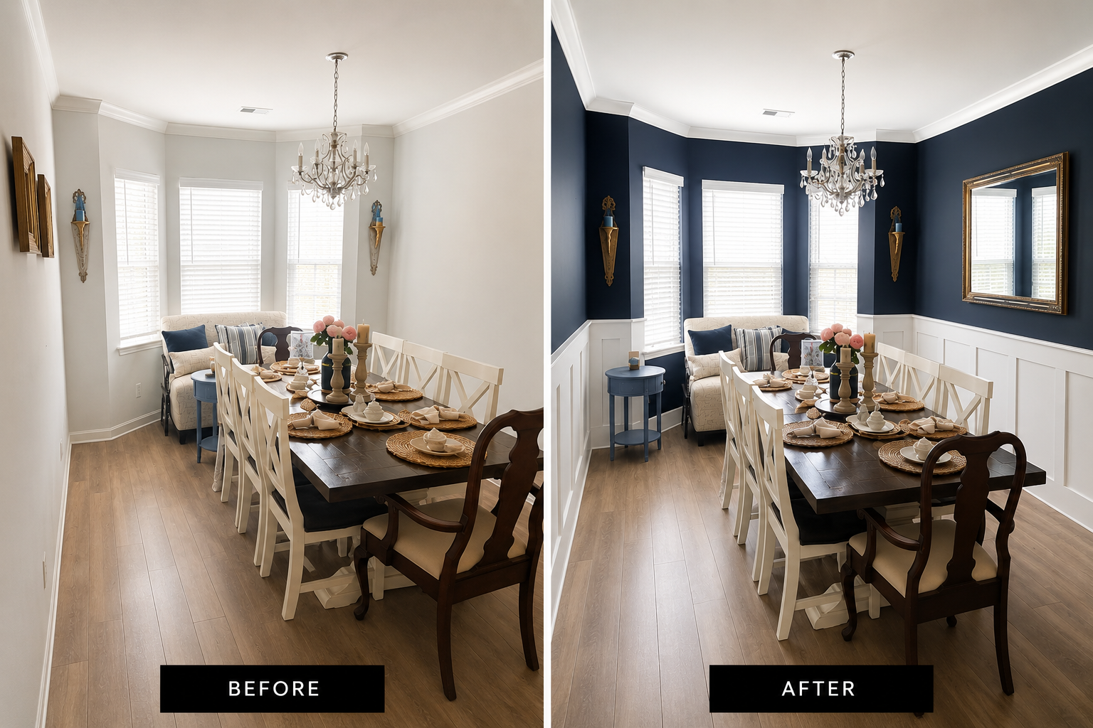 A simple dining room became a more refined gathering space with the addition of custom white wainscoting and a bold upper wall color. The trim work adds architectural detail throughout the room, while the contrast between the dark walls and crisp whi