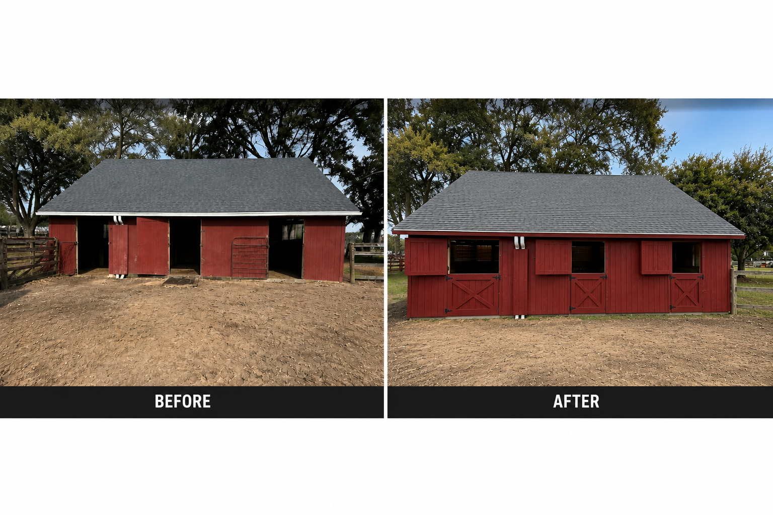 We helped refresh this barn exterior with custom-built wood doors, updated stall openings, and new hardware for a cleaner, more functional finish. The project improved the overall appearance of the structure while keeping the practical barn layout in
